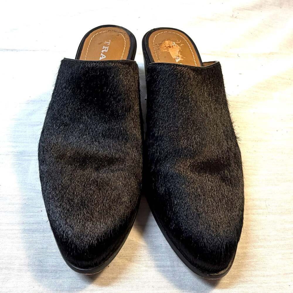 Trask Black Haircalf Pointed Toe Heeled Mules